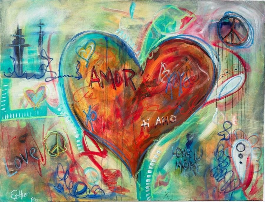 All Ya Need Is Love by Esther Daniels: abstract painting, a large red heart in expressive strokes over turquoise