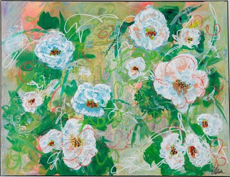 Always Spring 4 by Esther Daniels: abstract painting, white and pale blue blooms on a deep green ground