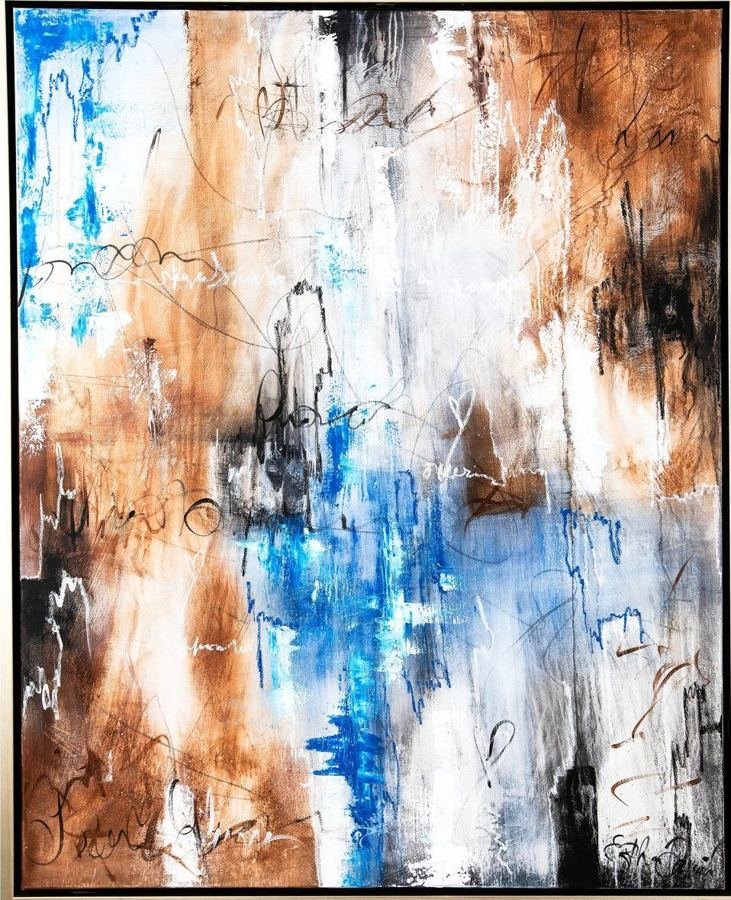 Brown Blue Abstract by Esther Daniels: abstract painting, vertical drips of umber, cobalt and white