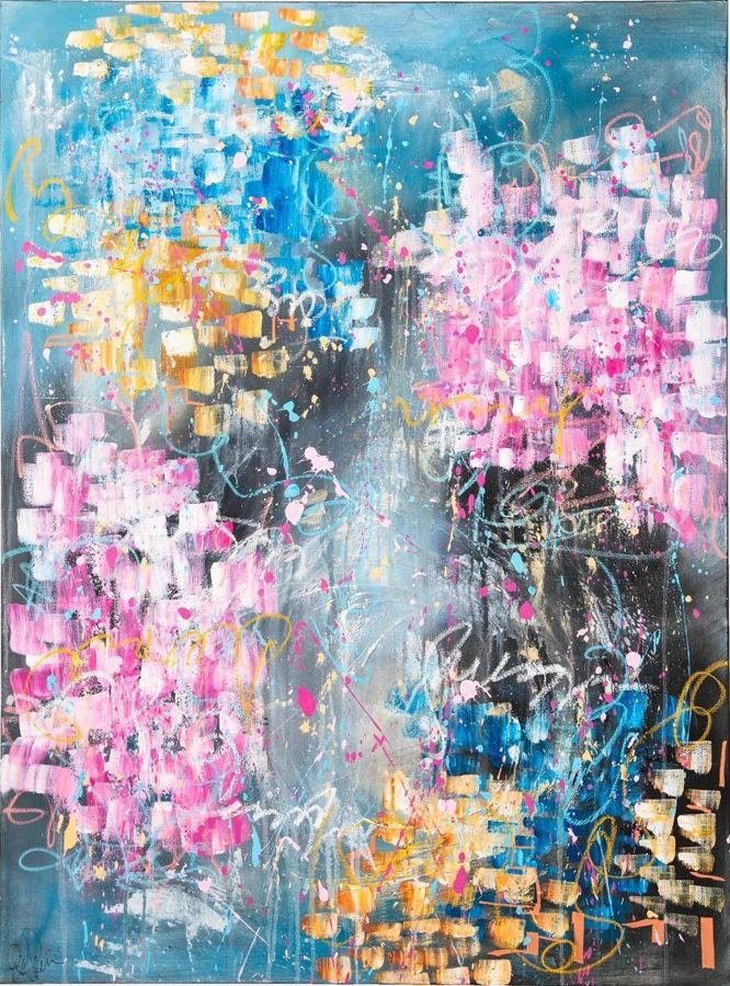 Confetti by Esther Daniels: abstract painting, dense pink, blue and gold marks over charcoal